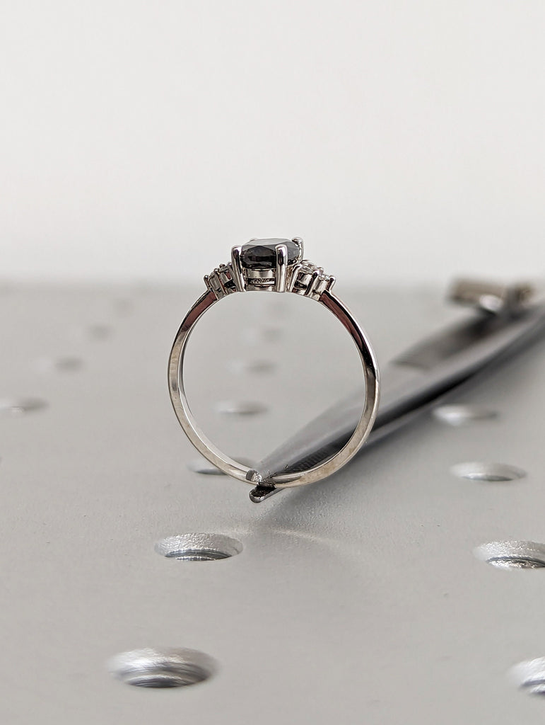 18K White Gold Oval Salt and Pepper Diamond Vintage Engagement Ring | Diamond Cluster Ring | Wedding Bridal Anniversary | Promise Ring