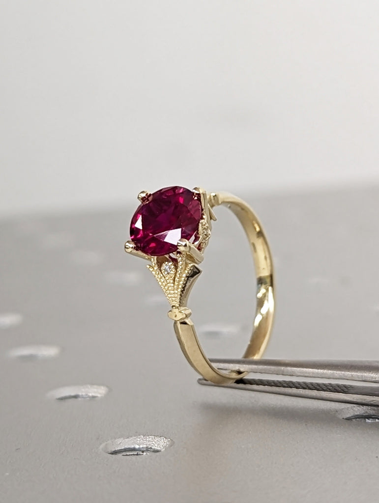 Vintage Round Cut 2ct Ruby, 14K Yellow Gold Engagement Ring | Red Gemstone Bridal Jewelry | July Birthstone Ring | Milgrain Wedding Band