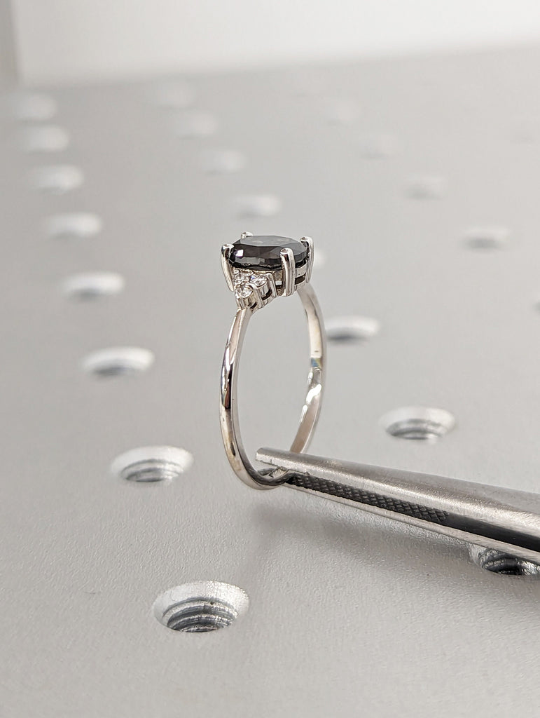 18K White Gold Oval Salt and Pepper Diamond Vintage Engagement Ring | Diamond Cluster Ring | Wedding Bridal Anniversary | Promise Ring