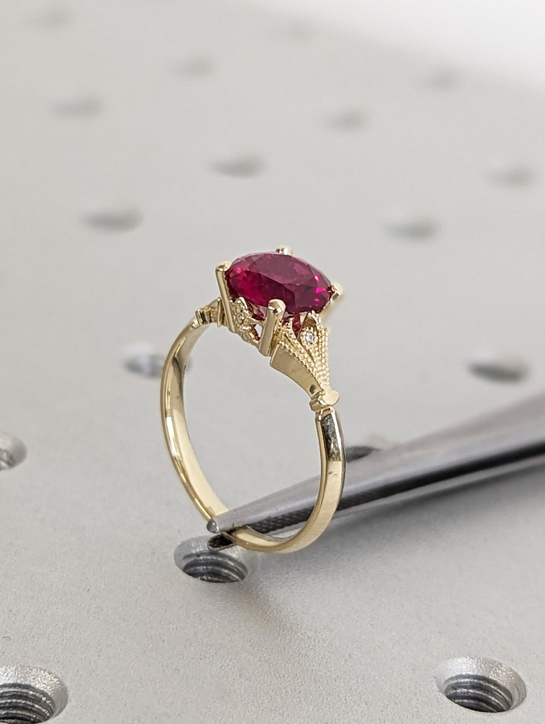 Vintage Round Cut 2ct Ruby, 14K Yellow Gold Engagement Ring | Red Gemstone Bridal Jewelry | July Birthstone Ring | Milgrain Wedding Band