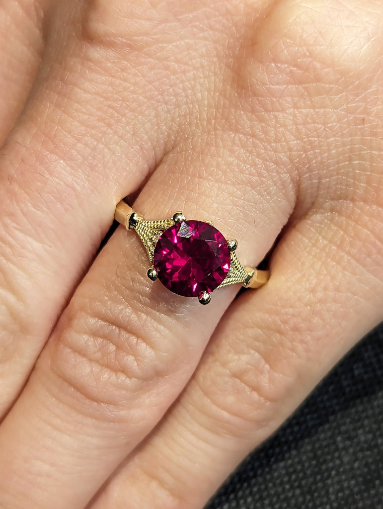 Vintage Round Cut 2ct Ruby, 14K Yellow Gold Engagement Ring | Red Gemstone Bridal Jewelry | July Birthstone Ring | Milgrain Wedding Band