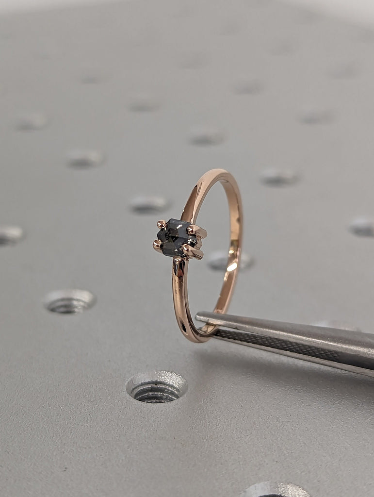 0.3ct Natural Hexagon Salt and Pepper Diamond, 14K Rose Gold Vintage Engagement Ring | Custom Bridal Jewelry | Rose Cut Solitaire Ring
