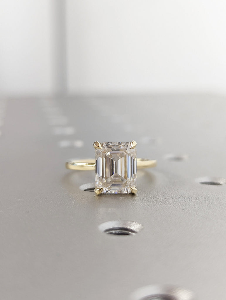 Hidden Halo Emerald Cut Solitaire Engagement Ring, Emerald Cut Engagement Ring, Emerald Cut Ring, 3.5Ct Solid 14k Moissanite Engagement Ring