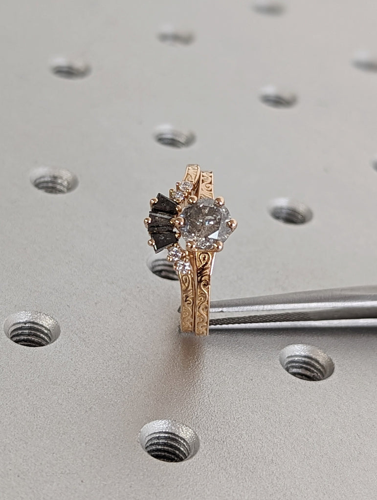 Raw Salt and Pepper Diamond Rose /White /Yellow / Black Gold Engagement Ring Art Deco 1920's Inspired Thin Petite Band Unique Ring for Her