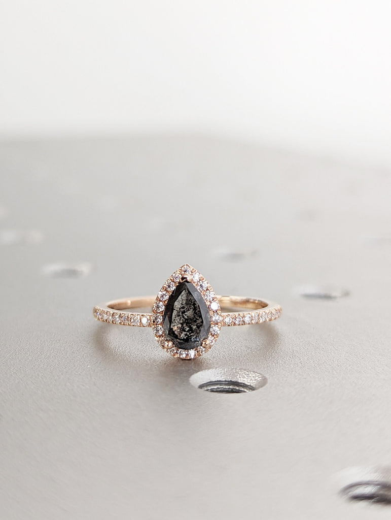 0.5ct Raw Salt and Pepper Diamond Halo, Pear Moissanite Halo Ring, Unique Engagement Bridal Set, Black Gray Pear 14k Yellow Rose White Gold