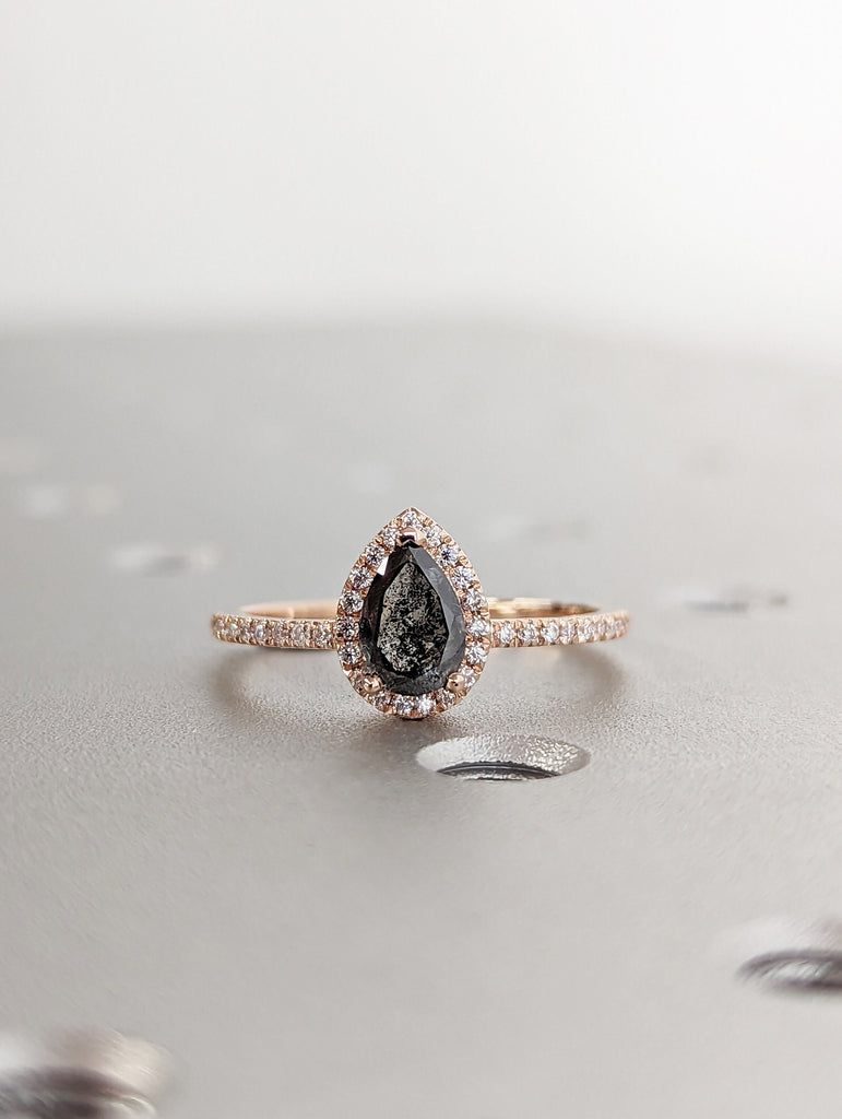 0.5ct Raw Salt and Pepper Diamond Halo, Pear Moissanite Halo Ring, Unique Engagement Bridal Set, Black Gray Pear 14k Yellow Rose White Gold