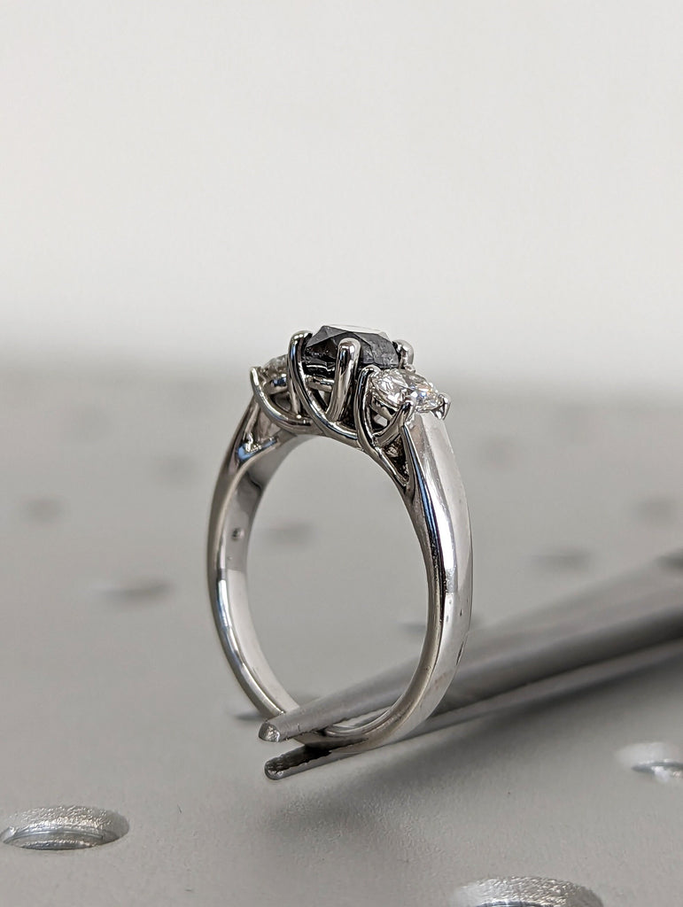 0.5ct Round Cut Salt and Pepper 14K White Gold Minimalist Proposal Ring | Unique Three Stone Wedding Anniversary Engagement Band