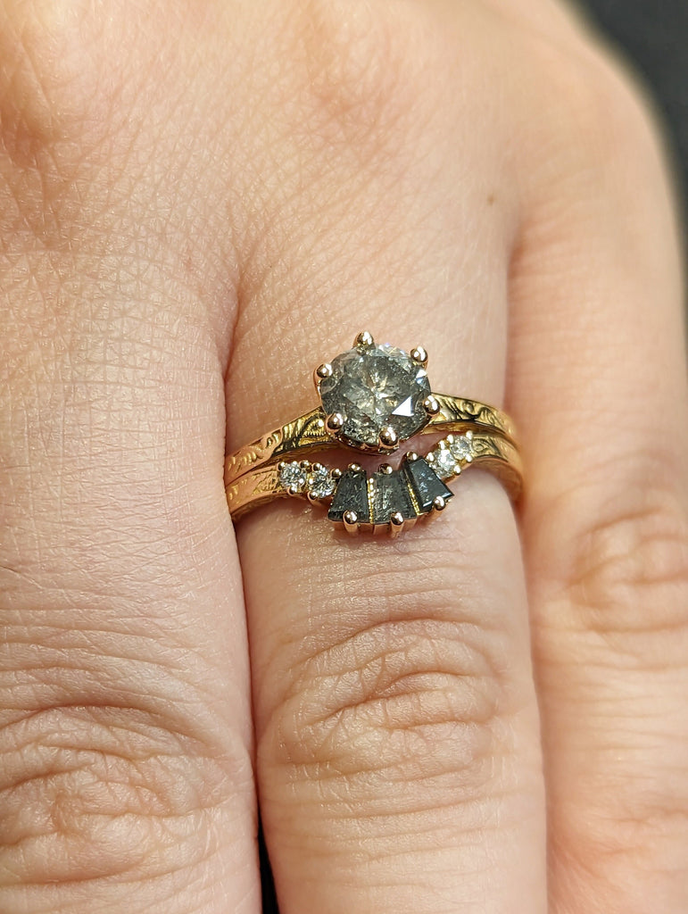 Raw Salt and Pepper Diamond Rose /White /Yellow / Black Gold Engagement Ring Art Deco 1920's Inspired Thin Petite Band Unique Ring for Her
