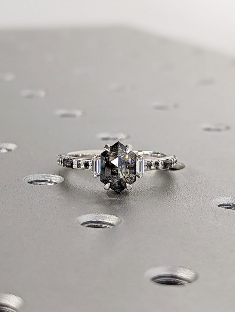 2ct Salt and Pepper Diamond 18K White Gold Engagement Ring | Unique Diamond Band | Rose Cut Geometric Ring | Luxury Anniversary Gift for Her