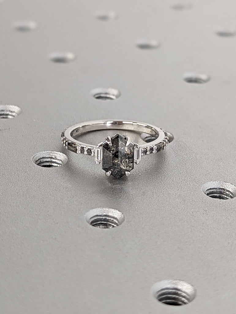 18K White Gold 2ct Hexagon Salt and Pepper Diamond Engagement Ring | Unique Diamond Band | Rose Cut Geometric Ring | Luxury Ring For Her