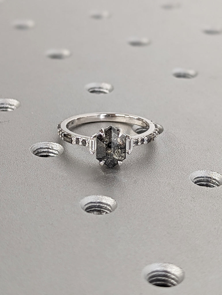 2ct Salt and Pepper Diamond 18K White Gold Engagement Ring | Unique Diamond Band | Rose Cut Geometric Ring | Luxury Anniversary Gift for Her