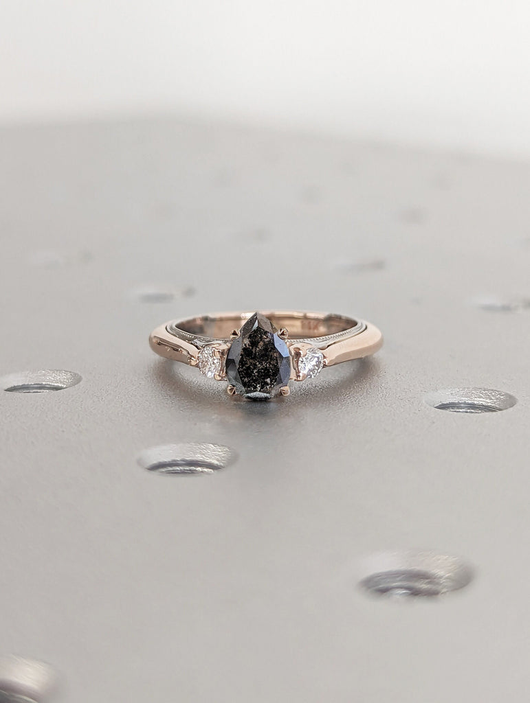 Salt and pepper engagement ring pear cut vintage engagement ring prong set ring diamond ring two tone anniversary ring rose & white gold