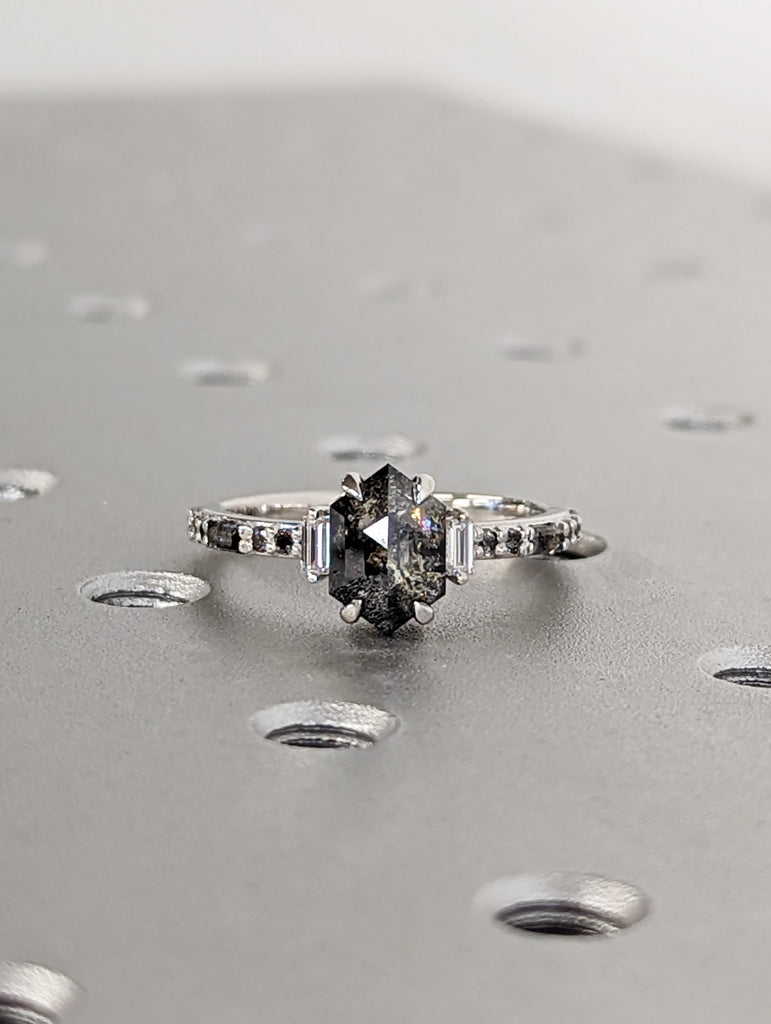 18K White Gold Wedding Ring Set 2ct Hexagon Salt and Pepper Diamond | Unique Luxury Engagement Jewelry | Rose Cut Proposal Ring