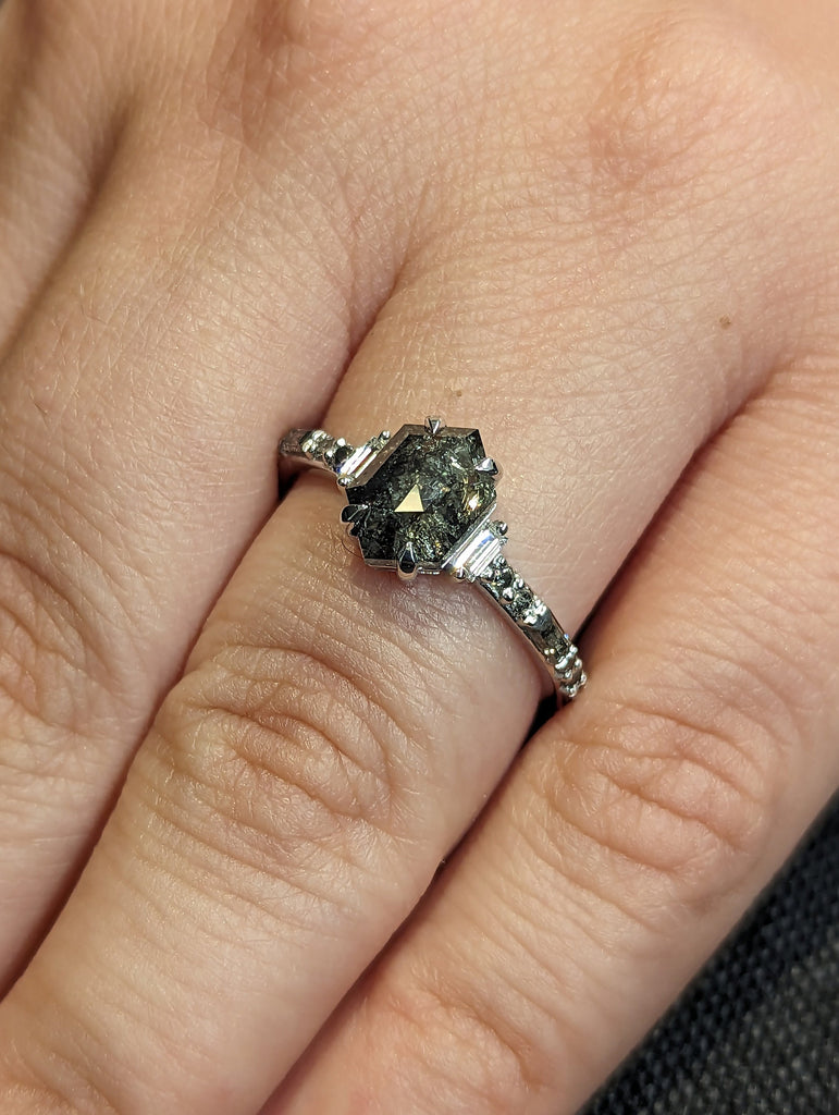 18K White Gold Wedding Ring Set 2ct Hexagon Salt and Pepper Diamond | Unique Luxury Engagement Jewelry | Rose Cut Proposal Ring