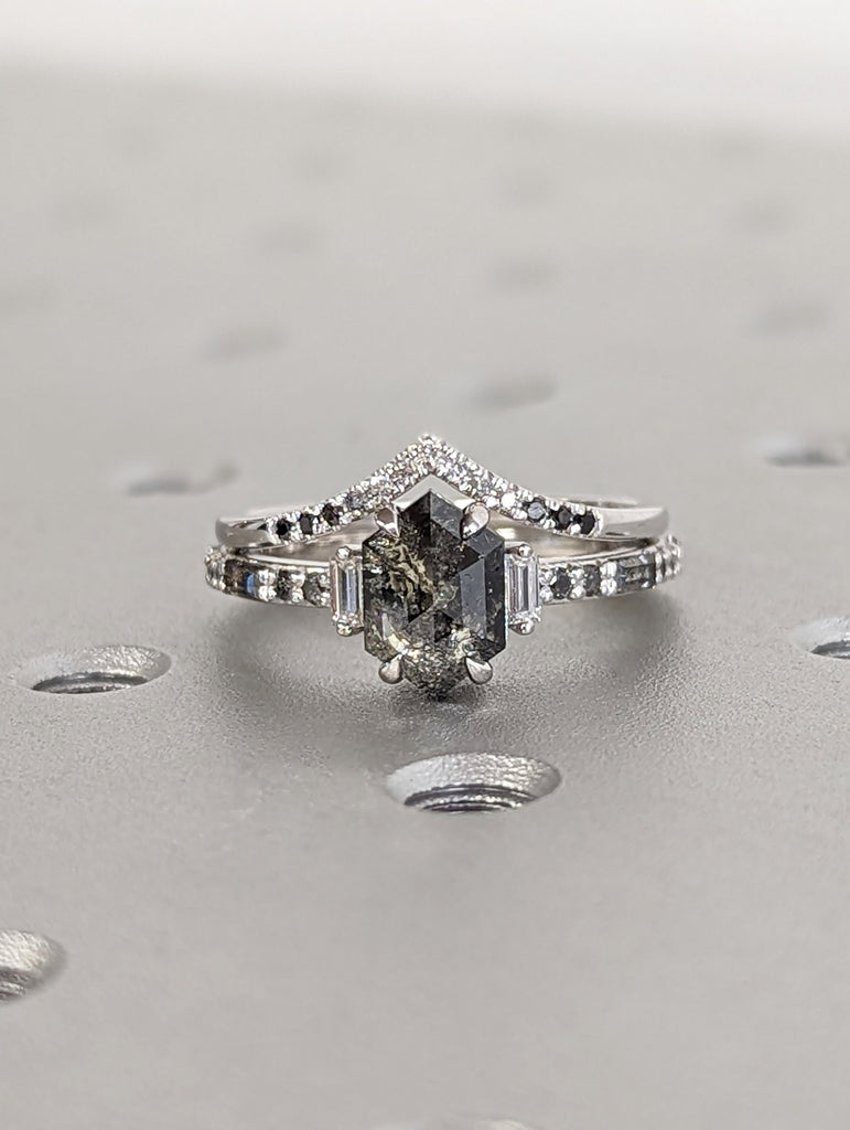 18K White Gold Wedding Ring Set 2ct Hexagon Salt and Pepper Diamond | Unique Luxury Engagement Jewelry | Rose Cut Proposal Ring