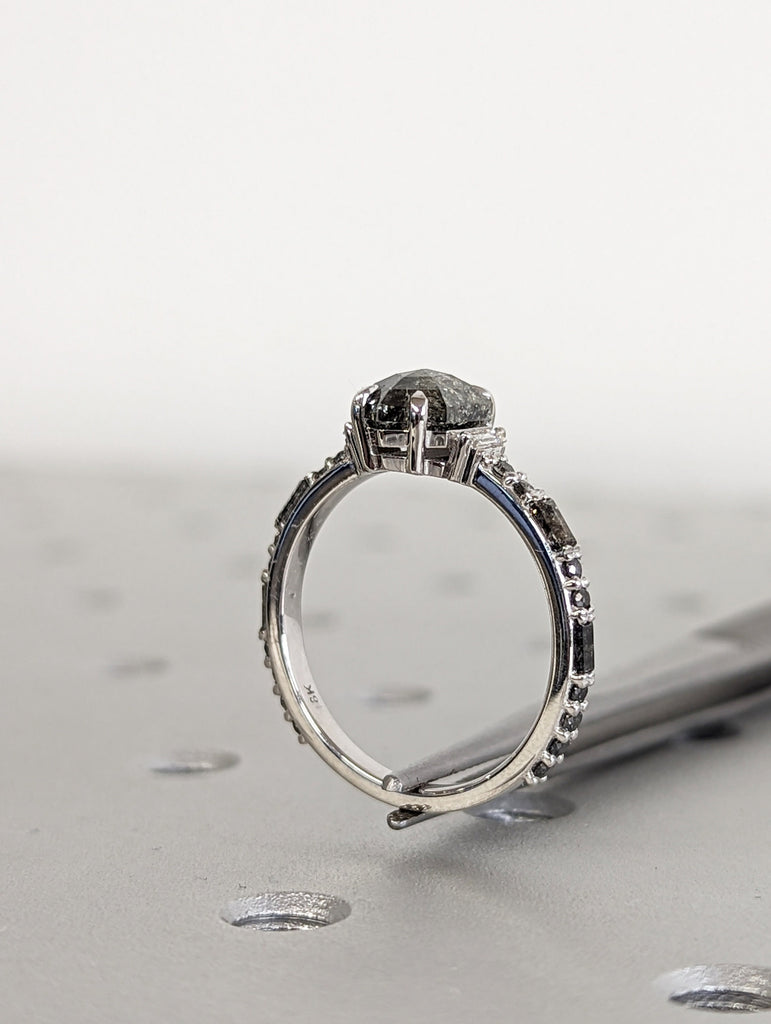 18K White Gold Wedding Ring Set 2ct Hexagon Salt and Pepper Diamond | Unique Luxury Engagement Jewelry | Rose Cut Proposal Ring