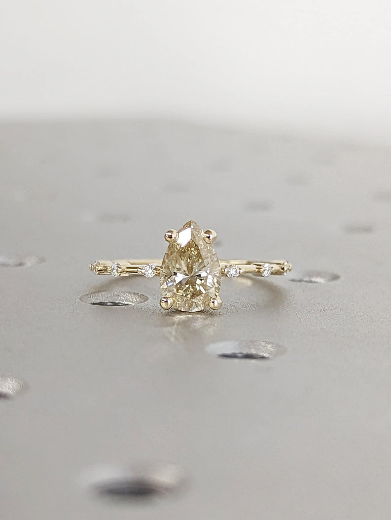 Pear Cut Fancy Color Yellow Moissanite Engagement Ring, Distance Pave Ring, Side Stone Round Cut, Anniversary Gift Ring, Ring For Her