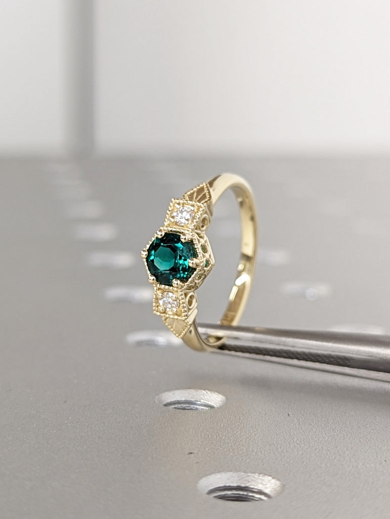 Emerald ring vintage emerald engagement ring 14k gold ring gift unique antique wedding promise anniversary ring for her simple promise ring