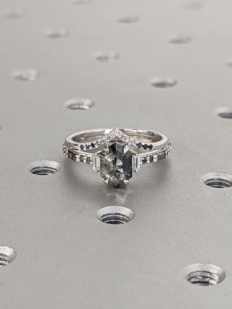 18K White Gold Wedding Ring Set 2ct Hexagon Salt and Pepper Diamond | Unique Luxury Engagement Jewelry | Rose Cut Proposal Ring
