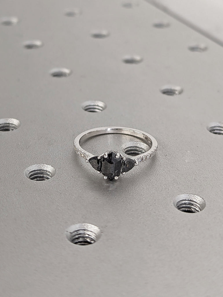 14K White Gold 0.5ct Hexagon Triangle Salt and Pepper Diamond Engagement Ring | Unique Rose Cut Proposal Ring | Anniversary Gift for Her