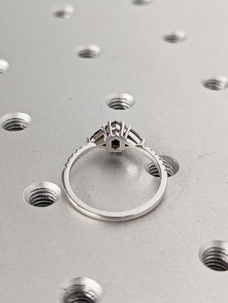 14K White Gold 0.5ct Hexagon Triangle Salt and Pepper Diamond Engagement Ring | Unique Rose Cut Proposal Ring | Anniversary Gift for Her