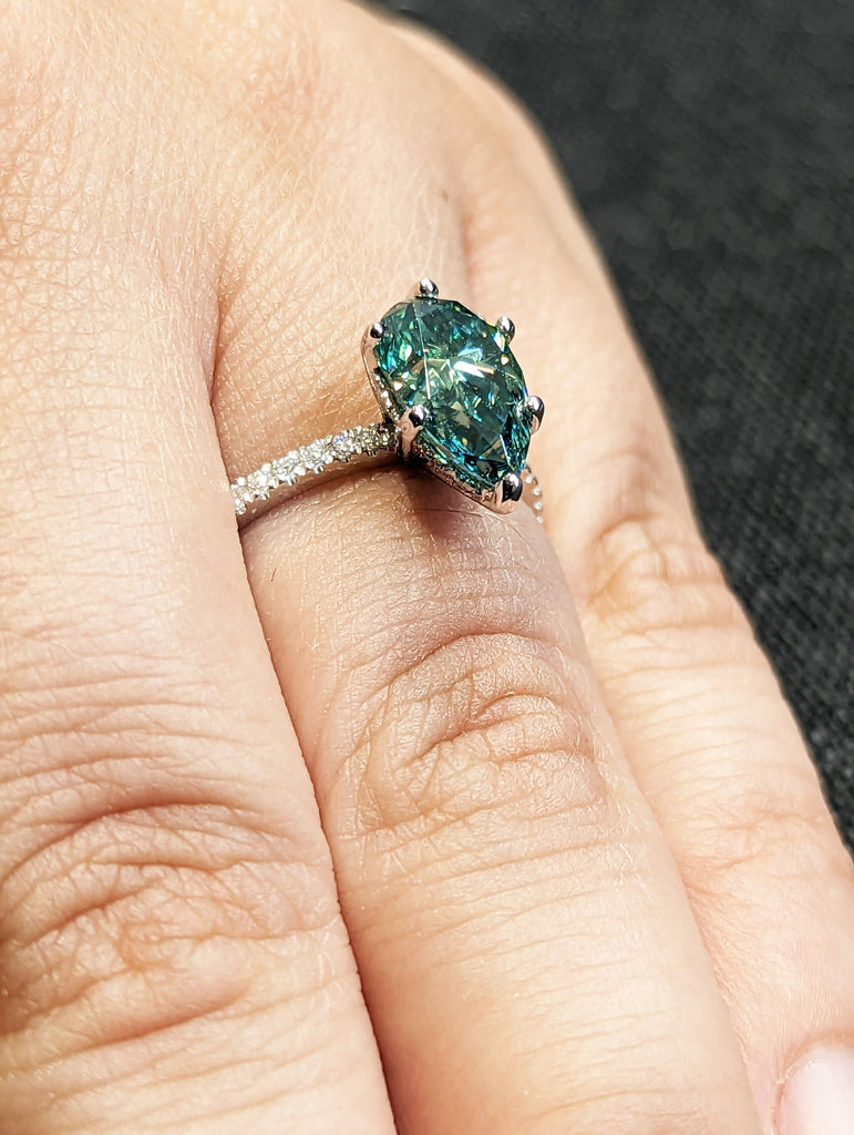 Colored Moissanite Engagement, Green Moissanite Ring, Vintage blue-green pear engagement ring, Green Color Moissanite hidden halo ring