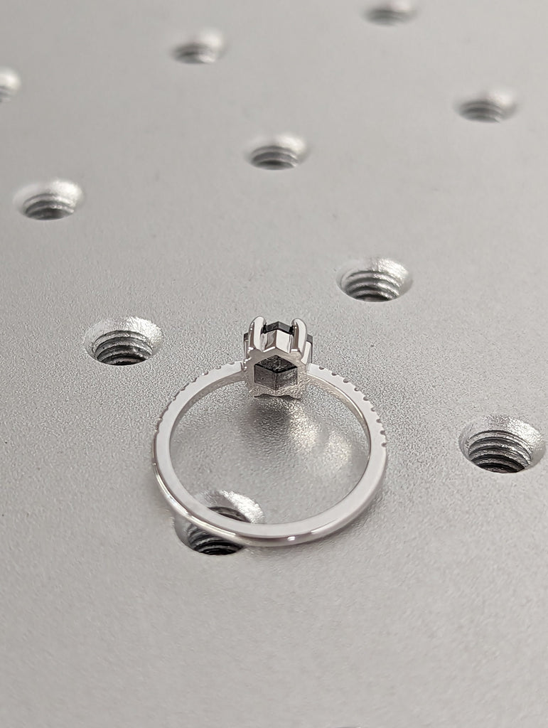 1920's 1ct Hexagon Raw Salt and Pepper Diamond Engagement Ring Set | 14K White Gold Wedding Band Set | Vintage Solitaire Ring Bridal Jewelry
