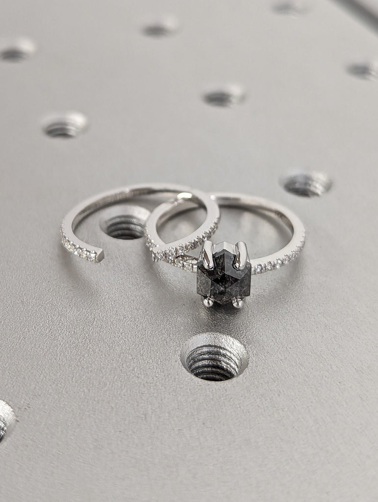 1920's 1ct Hexagon Raw Salt and Pepper Diamond Engagement Ring Set | 14K White Gold Wedding Band Set | Vintage Solitaire Ring Bridal Jewelry