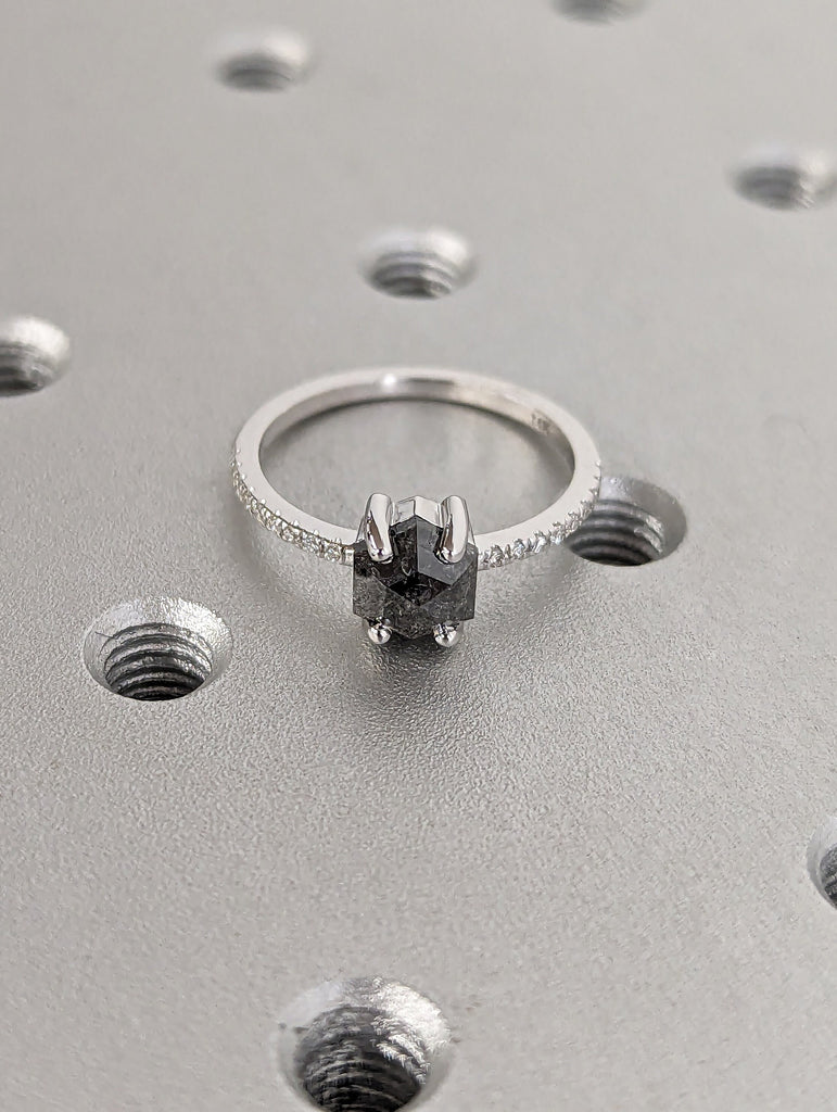 Vintage 1920's 1ct Hexagon Raw Salt and Pepper Diamond 14K White Gold Proposal Ring | Unique Fine Luxury Engagement Bridal Jewelry