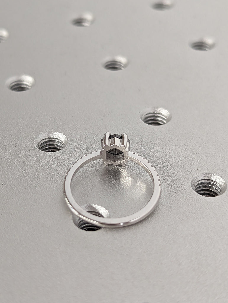 Vintage 1920's 1ct Hexagon Raw Salt and Pepper Diamond 14K White Gold Proposal Ring | Unique Fine Luxury Engagement Bridal Jewelry