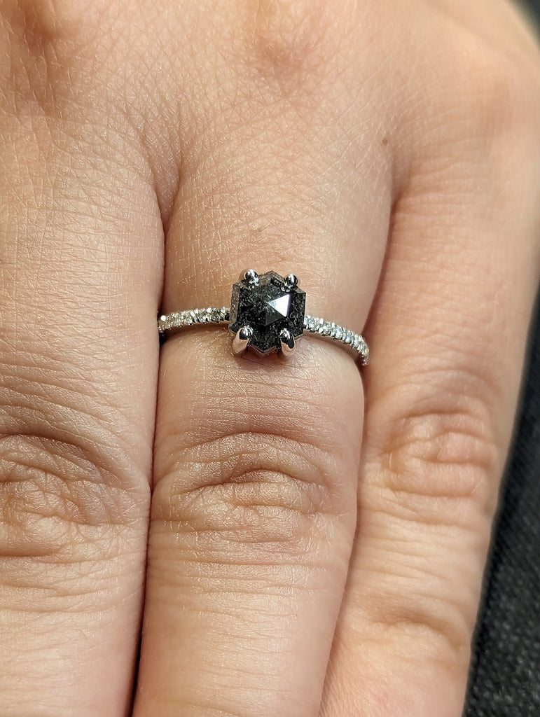 Vintage 1920's 1ct Hexagon Raw Salt and Pepper Diamond 14K White Gold Proposal Ring | Unique Fine Luxury Engagement Bridal Jewelry