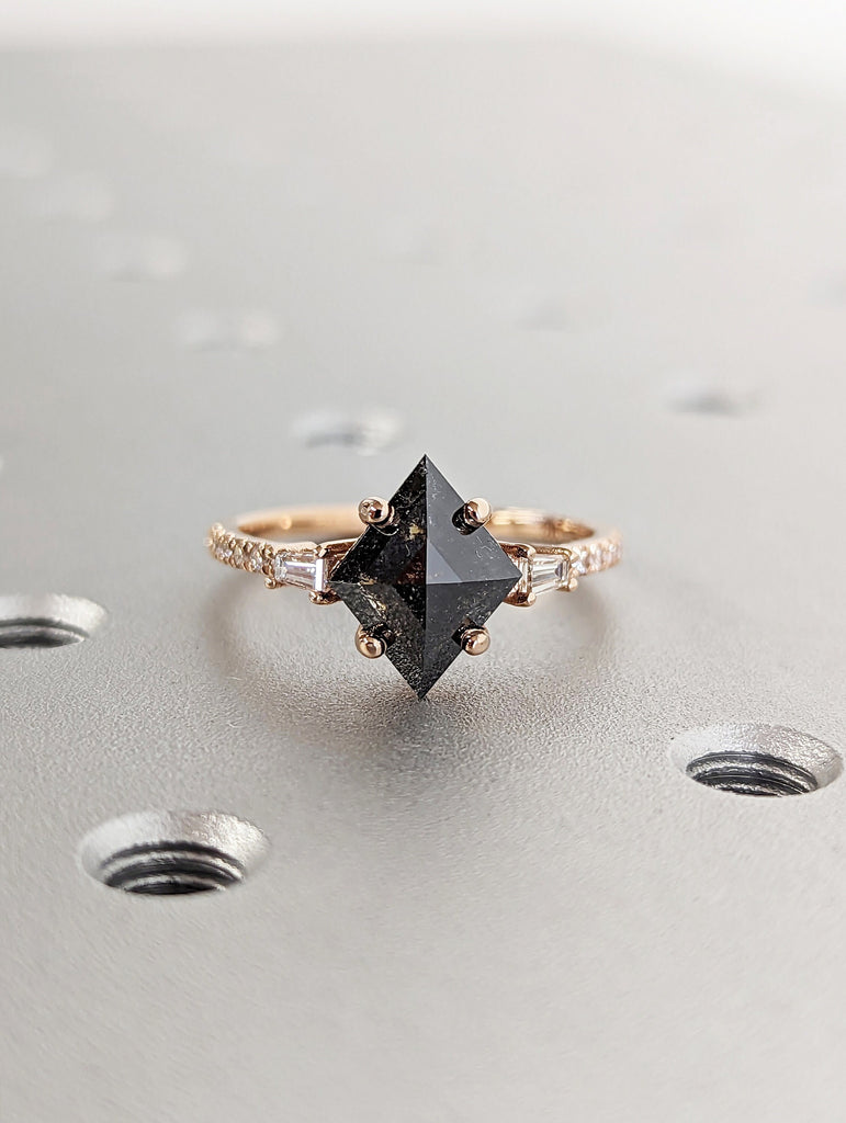 Galaxy Raw Salt and Pepper Diamond Ring- Kite Cut Diamond Engagement Ring Sets- Unique Bridal Geometric Diamond Promise Ring 14K Rose Gold