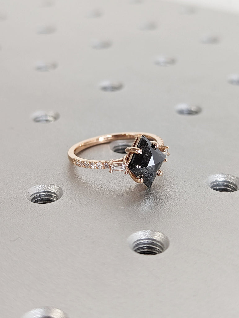 Galaxy Raw Salt and Pepper Diamond Ring- Kite Cut Diamond Engagement Ring Sets- Unique Bridal Geometric Diamond Promise Ring 14K Rose Gold