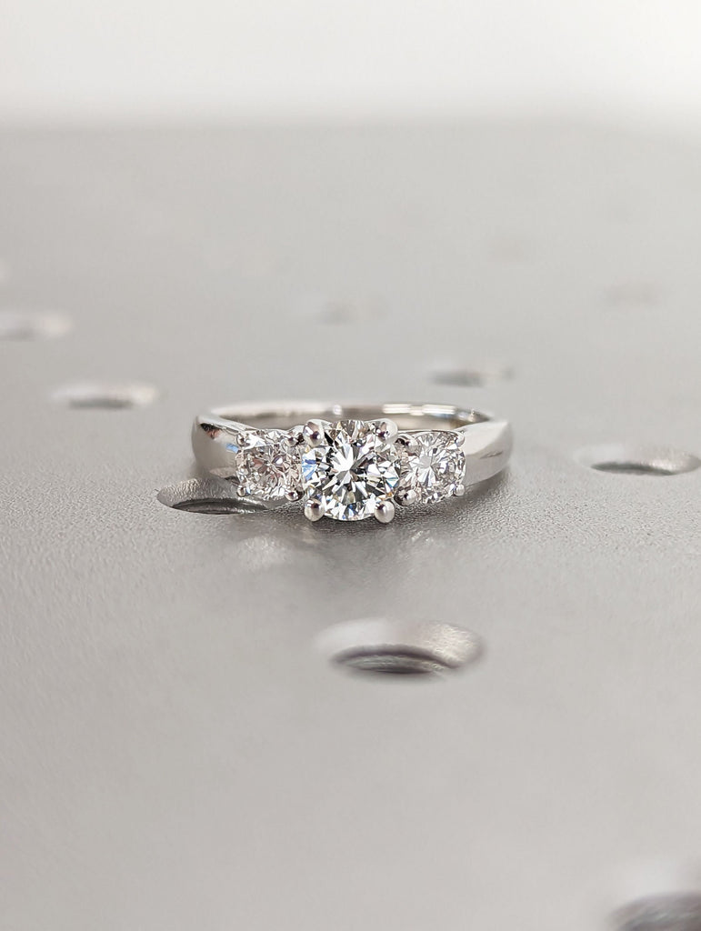 14K White Gold 0.5ct Round Cut Moissanite Three Stone Ring | Unique Wedding Anniversary Engagement Band | Minimalist Proposal Ring