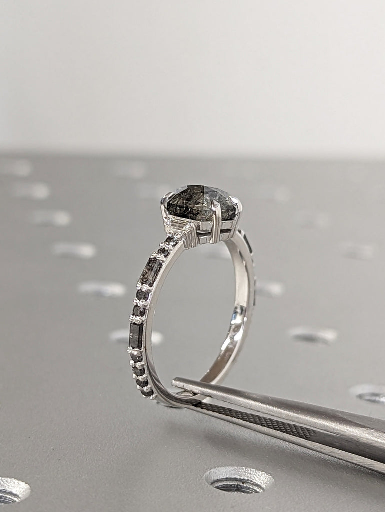 18K White Gold 2ct Hexagon Salt and Pepper Diamond Engagement Ring | Unique Diamond Band | Rose Cut Geometric Ring | Luxury Ring For Her