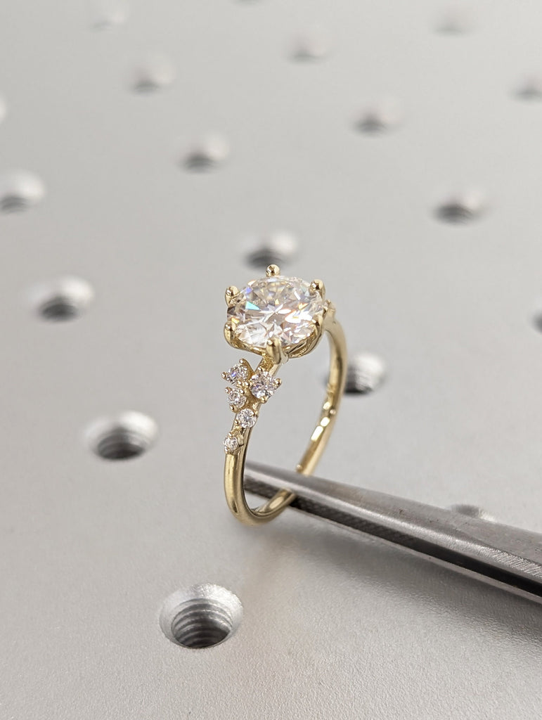 14K Yellow Gold Proposal Ring with 1.5ct Round Moissanite | Unique Snowdrift 6 prong Diamond Cluster Engagement Ring | Luxury Wedding Ring