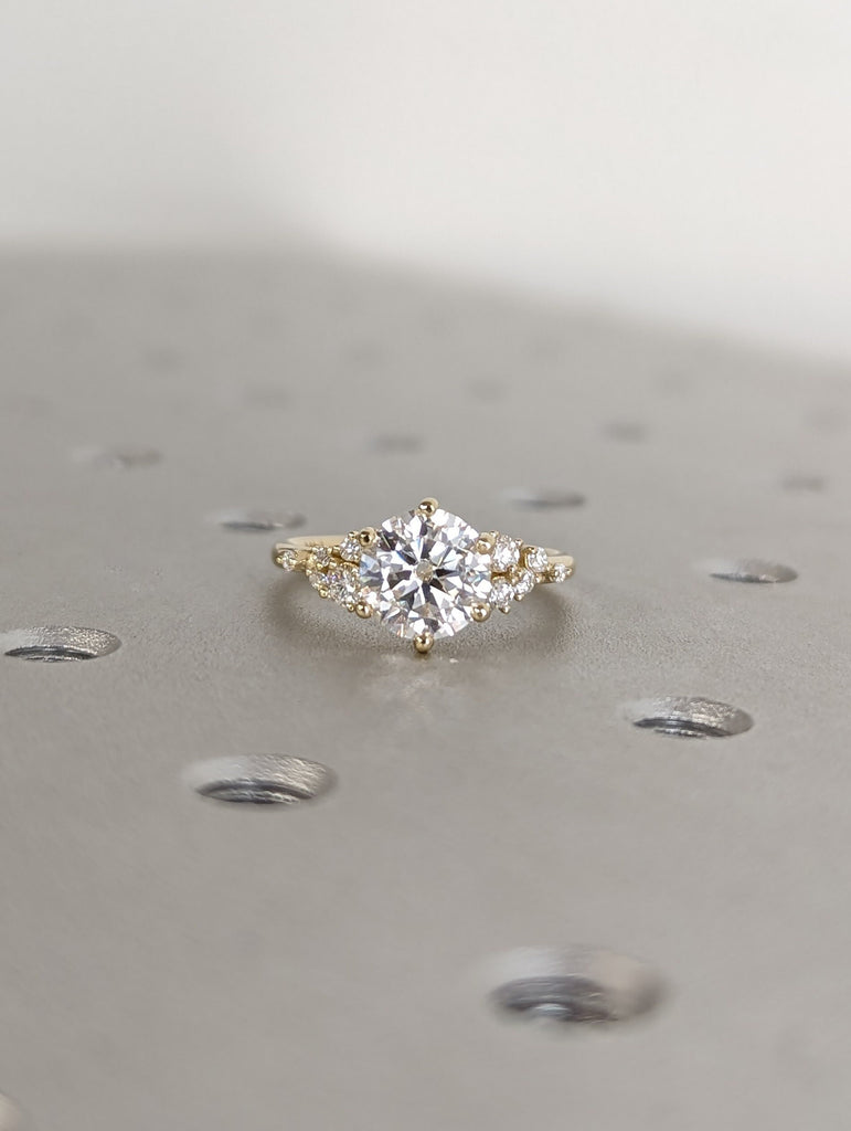 1.5ct Round Moissanite Engagement Ring in 14K Yellow Gold | Unique Snowdrift 6 prong Diamond Cluster Proposal Ring | Wedding Ring for Women