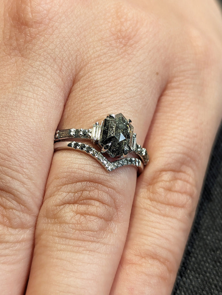 18K White Gold Wedding Ring Set 2ct Hexagon Salt and Pepper Diamond | Unique Luxury Engagement Jewelry | Rose Cut Proposal Ring