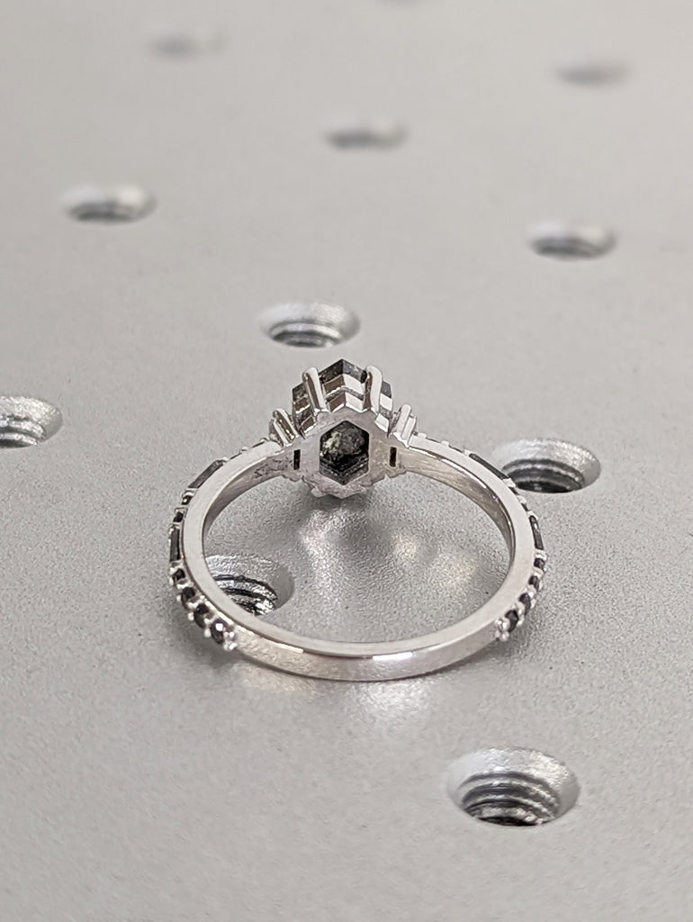 18K White Gold Wedding Ring Set 2ct Hexagon Salt and Pepper Diamond | Unique Luxury Engagement Jewelry | Rose Cut Proposal Ring