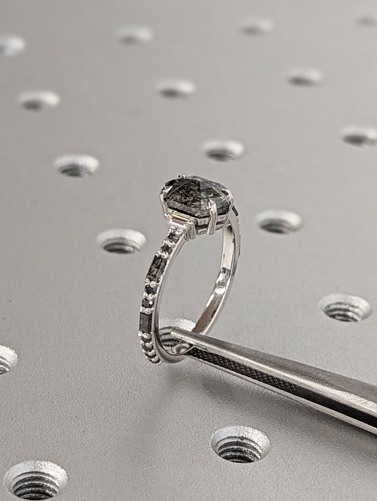 18K White Gold Wedding Ring Set 2ct Hexagon Salt and Pepper Diamond | Unique Luxury Engagement Jewelry | Rose Cut Proposal Ring