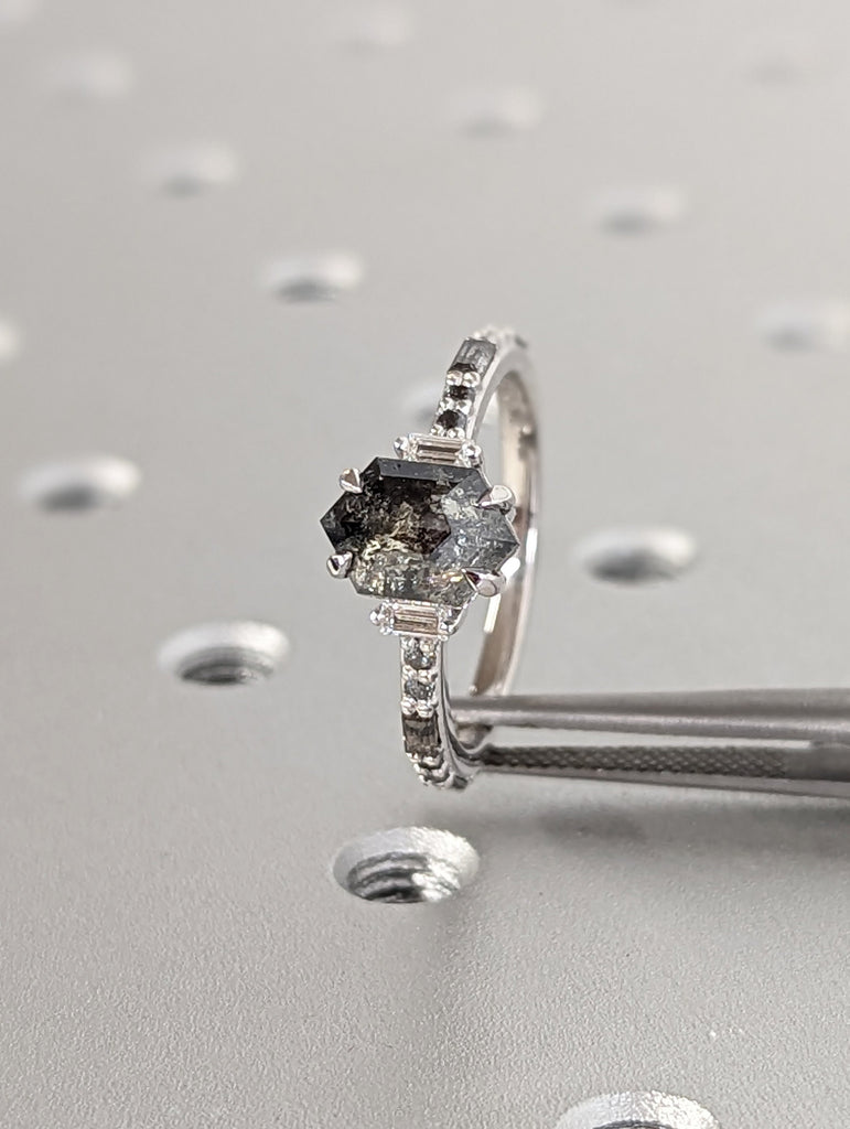 18K White Gold Wedding Ring Set 2ct Hexagon Salt and Pepper Diamond | Unique Luxury Engagement Jewelry | Rose Cut Proposal Ring