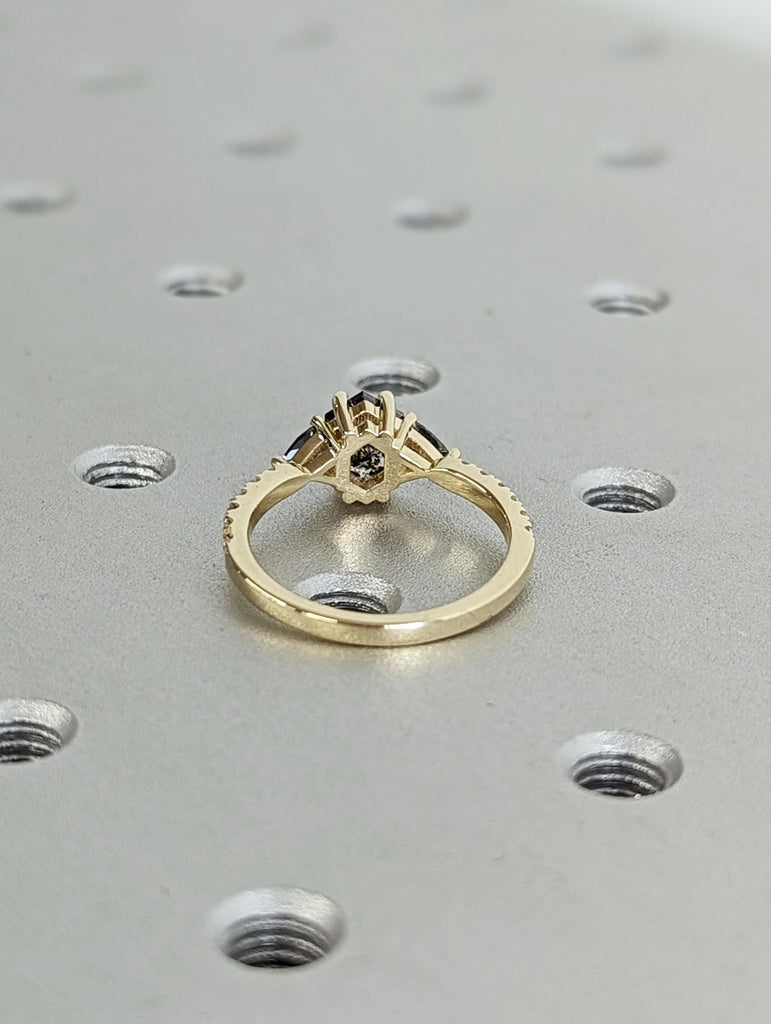 Raw Diamond Hexagon Triangle Diamond, Salt and Pepper, Unique Engagement Ring, Rose Cut Geometric Diamond Ring, 14k Gold, Custom Handmade