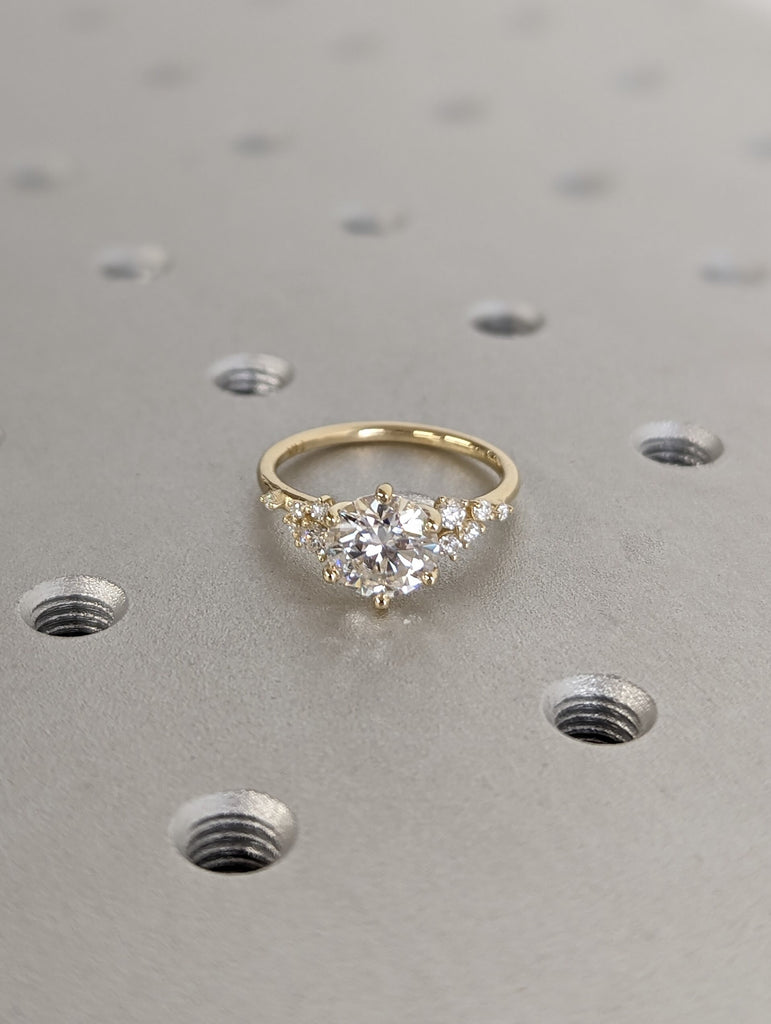 1.5ct Round Lab Diamond 14K Yellow Gold Engagement Ring | Unique Snowdrift 6 prong Diamond Cluster Proposal Ring | Wedding Ring for Women