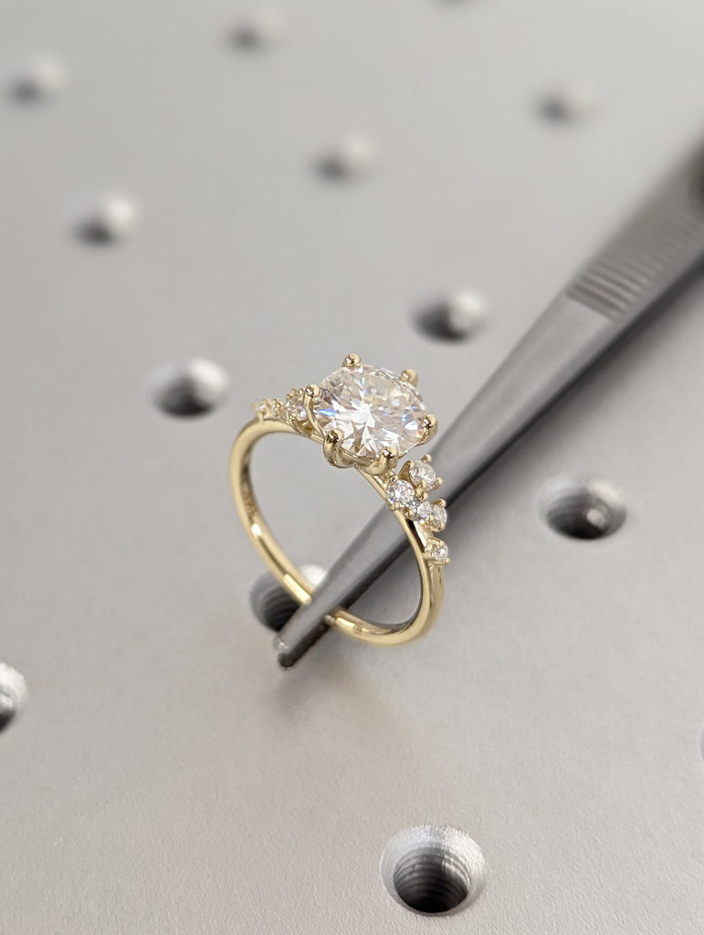 Unique 1.5ct Round Lab Diamond 14K Yellow Gold Engagement Ring | Snowdrift Diamond Cluster 6 prong Proposal Ring | Bridal Jewelry for Women