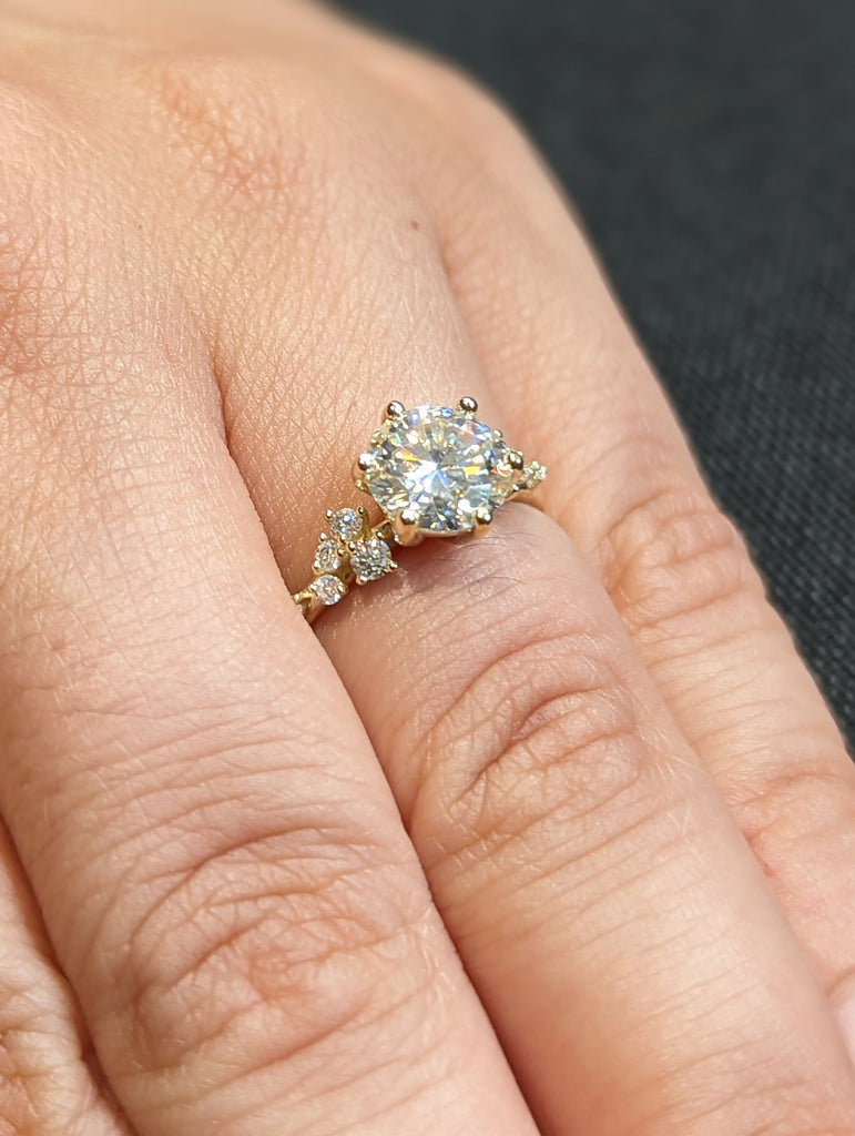 1.5ct Round Lab Diamond 14K Yellow Gold Engagement Ring | Unique Snowdrift 6 prong Diamond Cluster Proposal Ring | Wedding Ring for Women