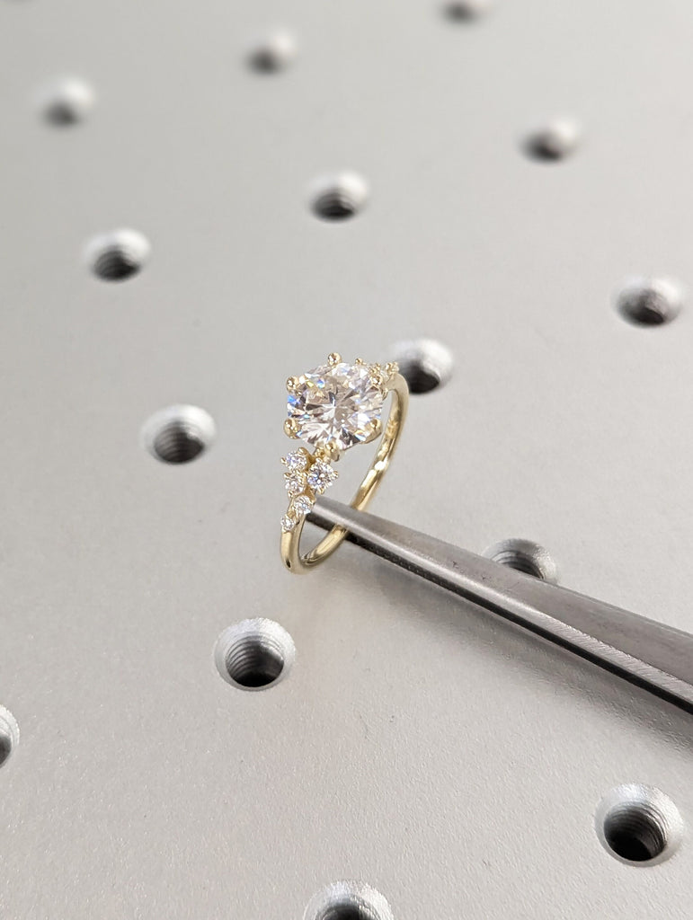 1.5ct Round Lab Diamond 14K Yellow Gold Engagement Ring | Unique Snowdrift 6 prong Diamond Cluster Proposal Ring | Wedding Ring for Women