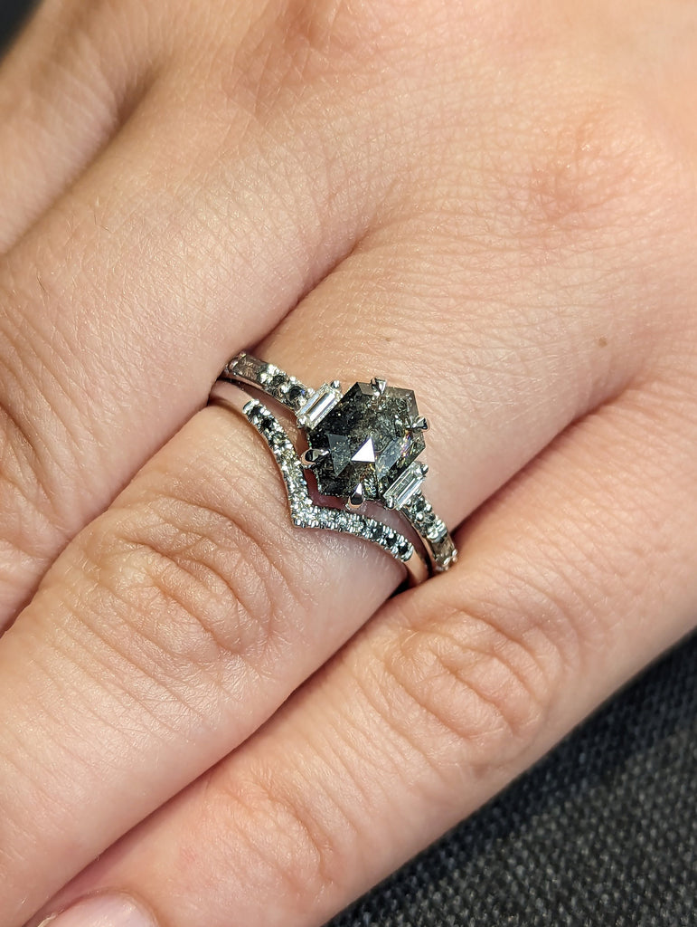 18K White Gold Wedding Ring Set 2ct Hexagon Salt and Pepper Diamond | Unique Luxury Engagement Jewelry | Rose Cut Proposal Ring