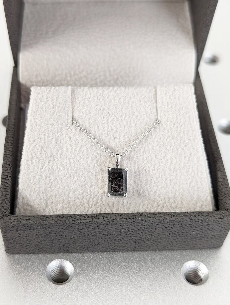 Salt & pepper diamond pendant necklace - 1ct emerald cut pendant chain salt and pepper diamond solitaire solid 14k white gold Gift for Her