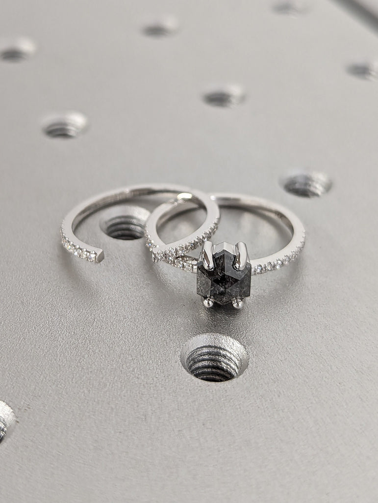 14K White Gold Wedding Band Set | 1920's 1ct Hexagon Raw Salt and Pepper Diamond Engagement Ring | Unique Geometric Bridal Jewelry for Her