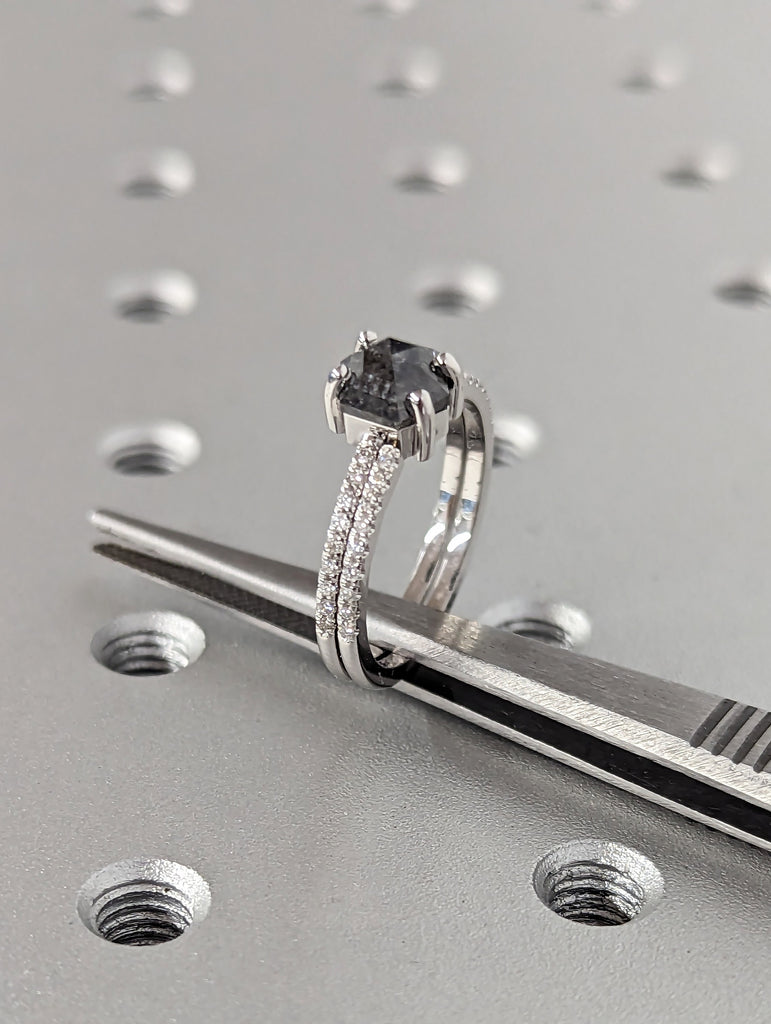 1920's 1ct Hexagon Raw Salt and Pepper Diamond Engagement Ring Set | 14K White Gold Wedding Band Set | Vintage Solitaire Ring Bridal Jewelry